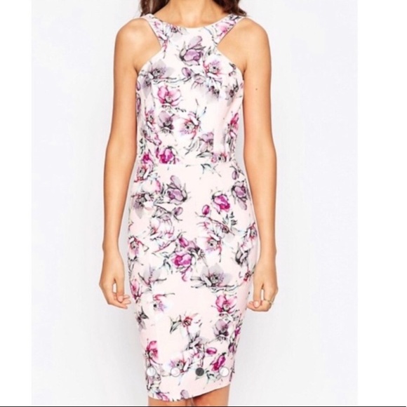 🌸PAPER DOLL🌸NWT FLORAL PENCIL HALTER NECK DRESS - Picture 1 of 9